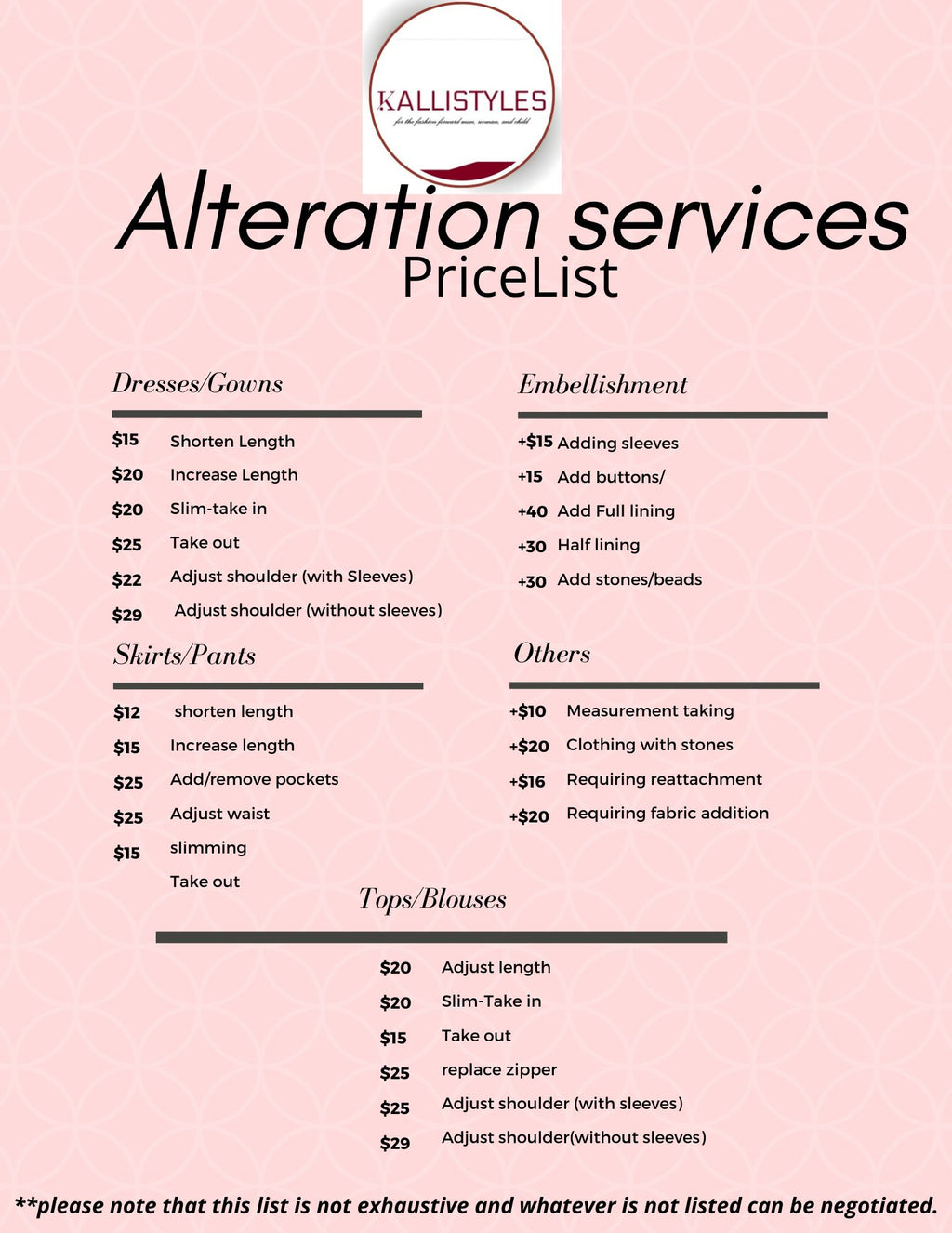 Alterations/Custom Orders Appointment Booking