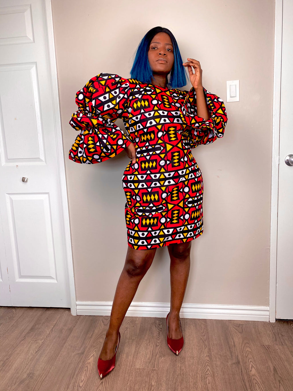 Lucy Ankara shift dress with exaggerated sleeves
