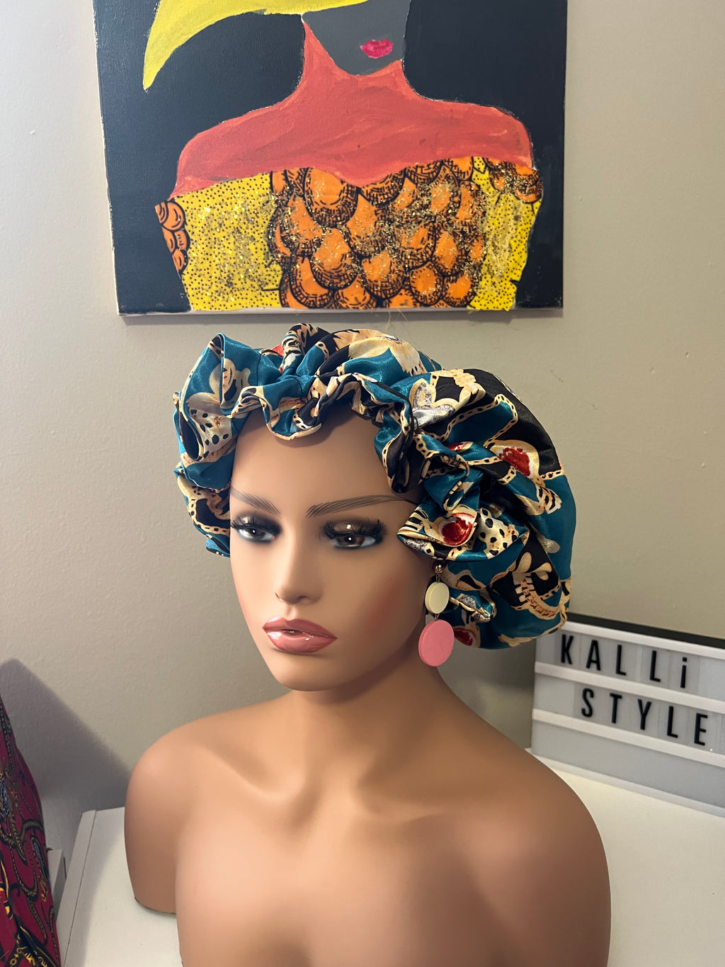 Patterned satin hair bonnet