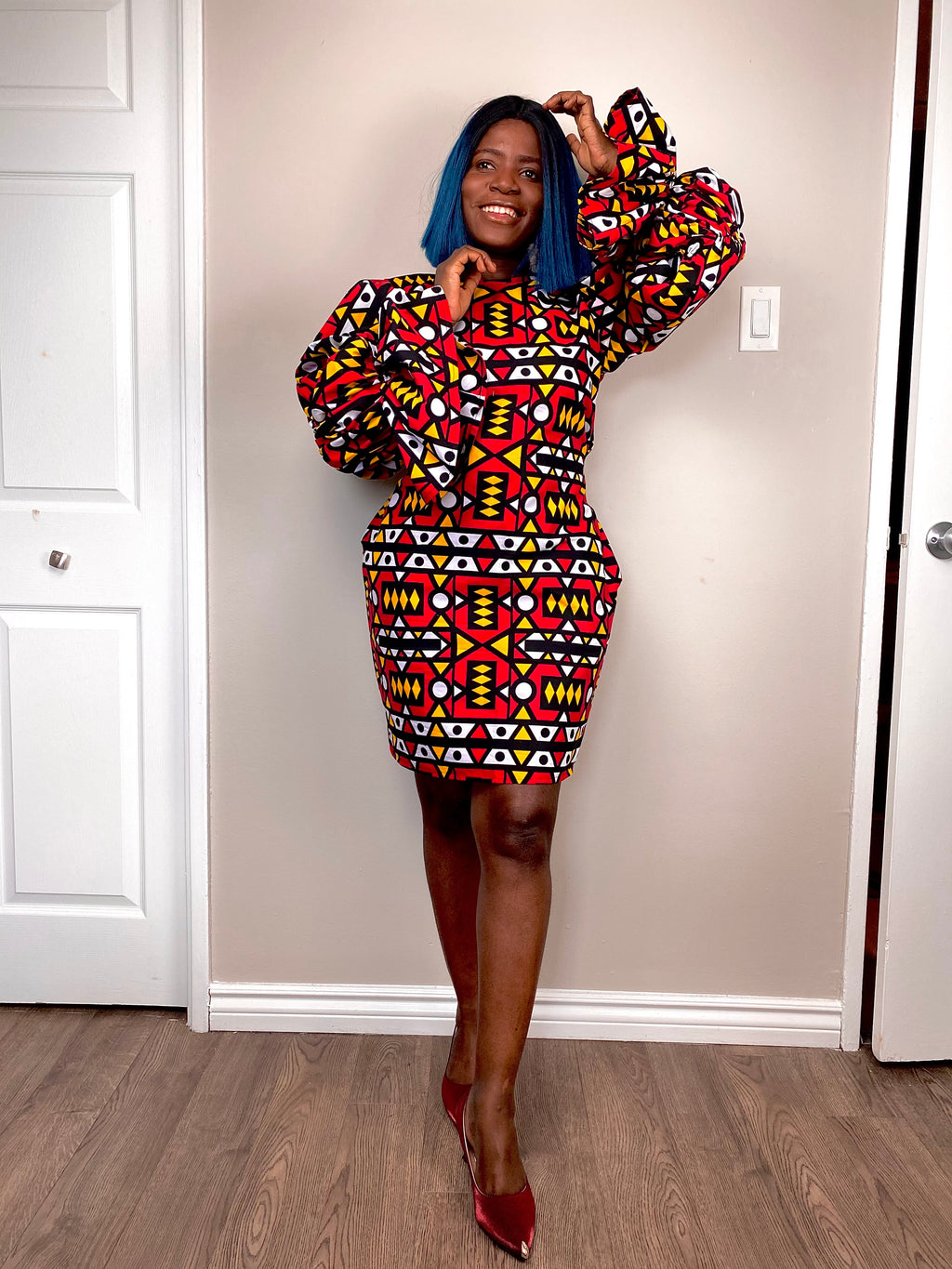 Lucy Ankara shift dress with exaggerated sleeves